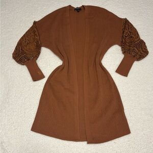 Express Women Brown Ribbed Knit Open Cardigan with Lace Crochet Sleeves
